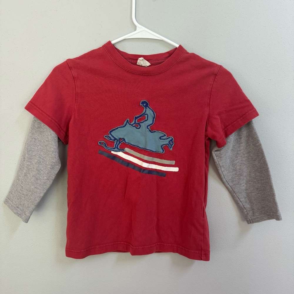 Mini Boden Boy Red Snowmobile Applique Layered Look Long Sleeve Shirt 7-8Y 21289